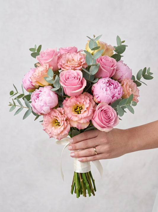 Blush Peony Elegance Şakayık, Gül ve Lisyantus Gelin Buketi