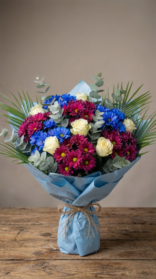 Blue Fuchsia Harmony Mavi Fuşya Krizantem Beyaz Gül Buketi