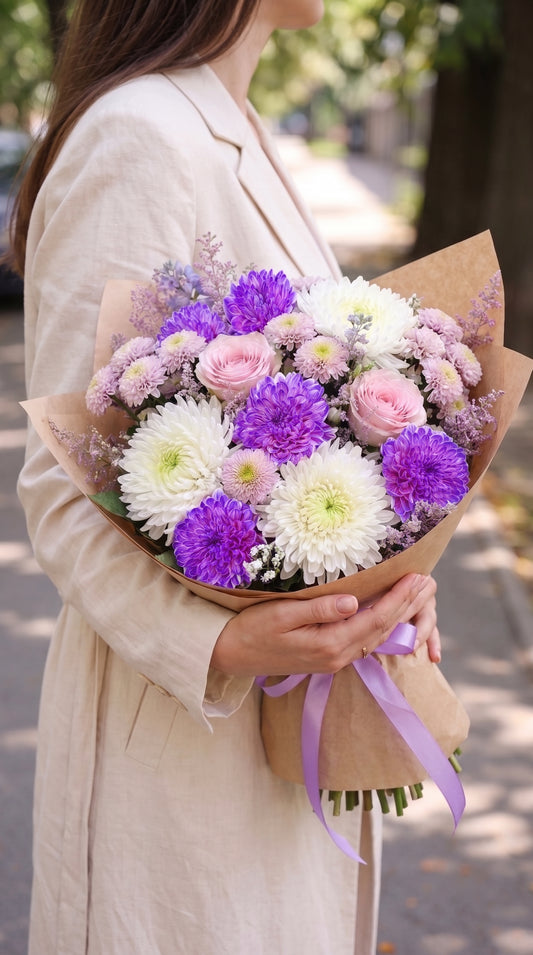 Lavender Rose Harmony Pembe Gül & Anastasia & Krizantem Buketi