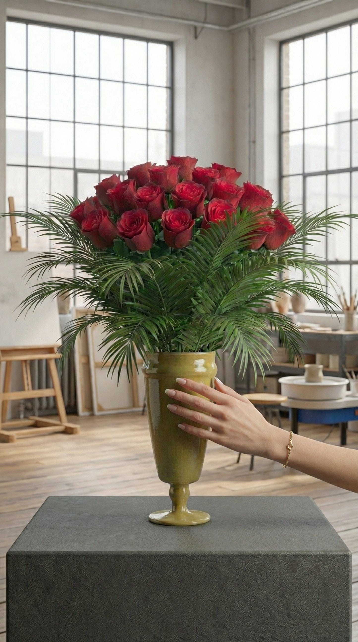 Imperial Palm Roses Vazoda Asil Kırmızı Güller
