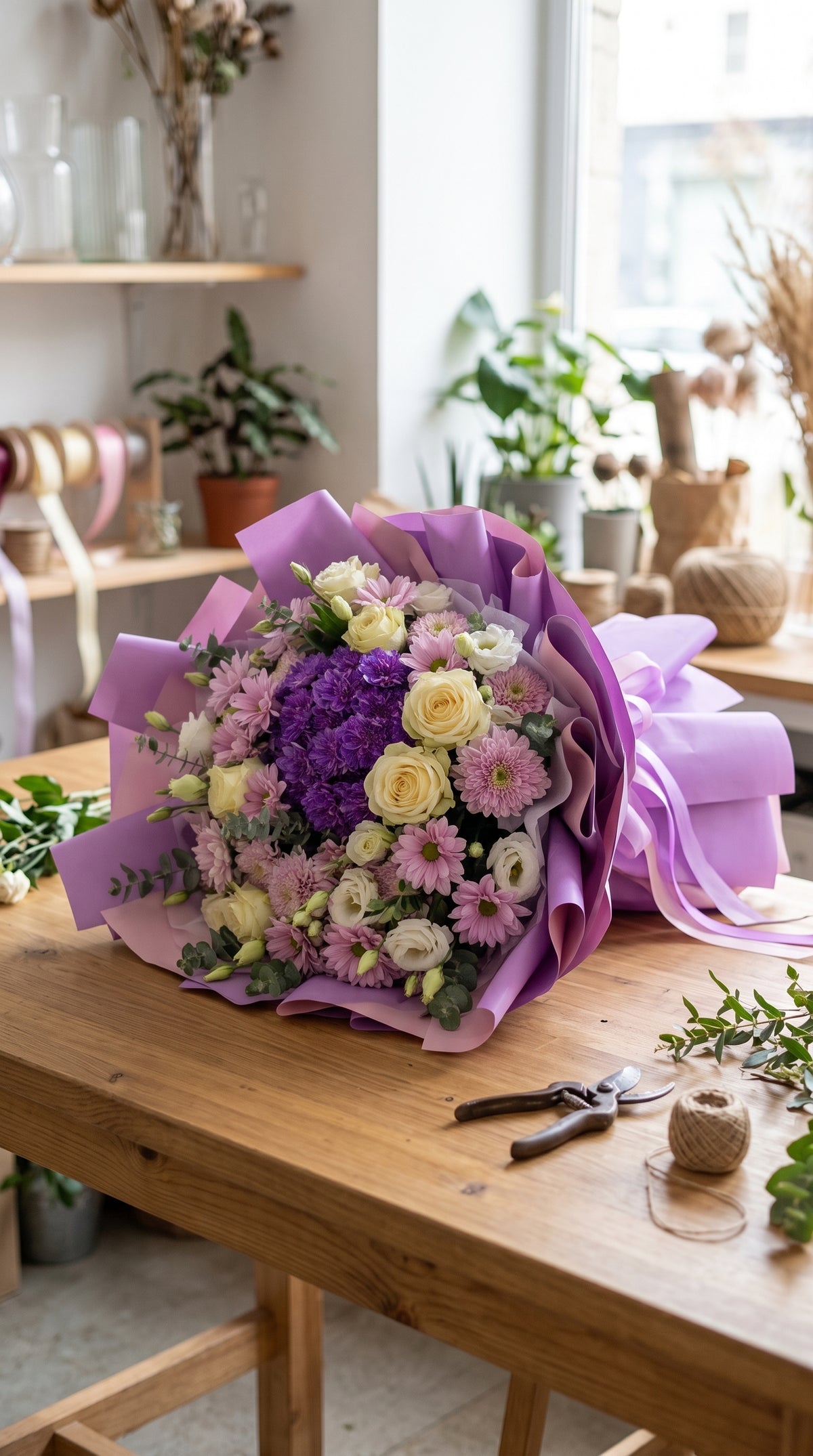 Lavender Dream Harmony Mor Krizantem, Beyaz Gül ve Pembe Papatya Buketi