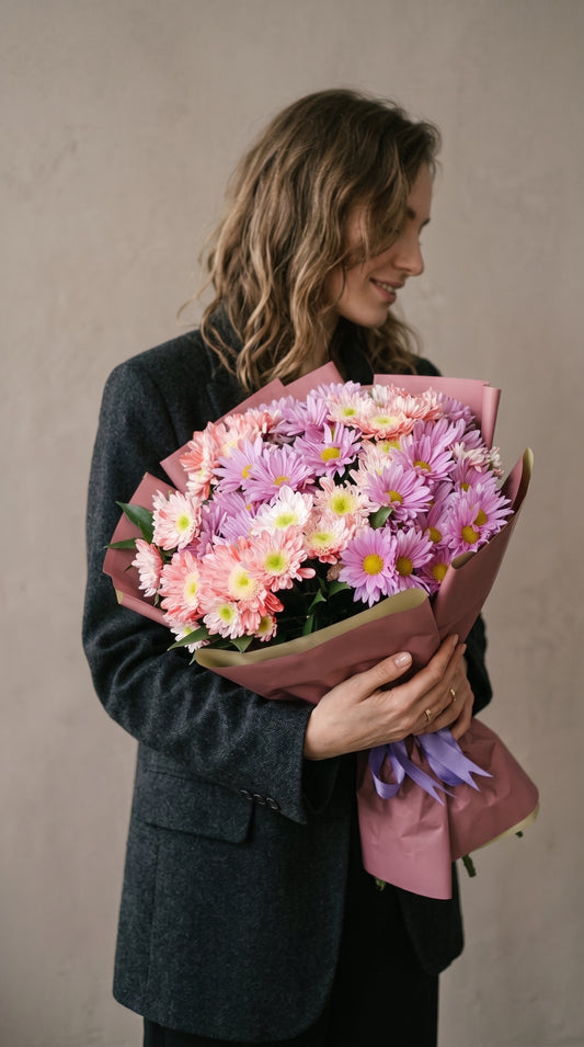 Pink Blossom Harmony Turuncu ve Lila Krizantem Buketi