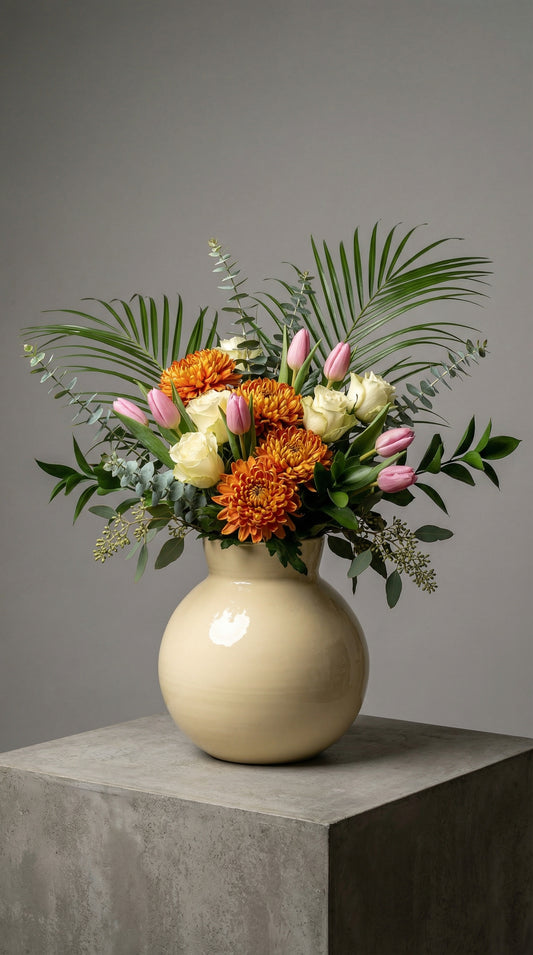 Golden Garden Bloom – Altın Vazoda Bahar Çiçekleri Aranjmanı