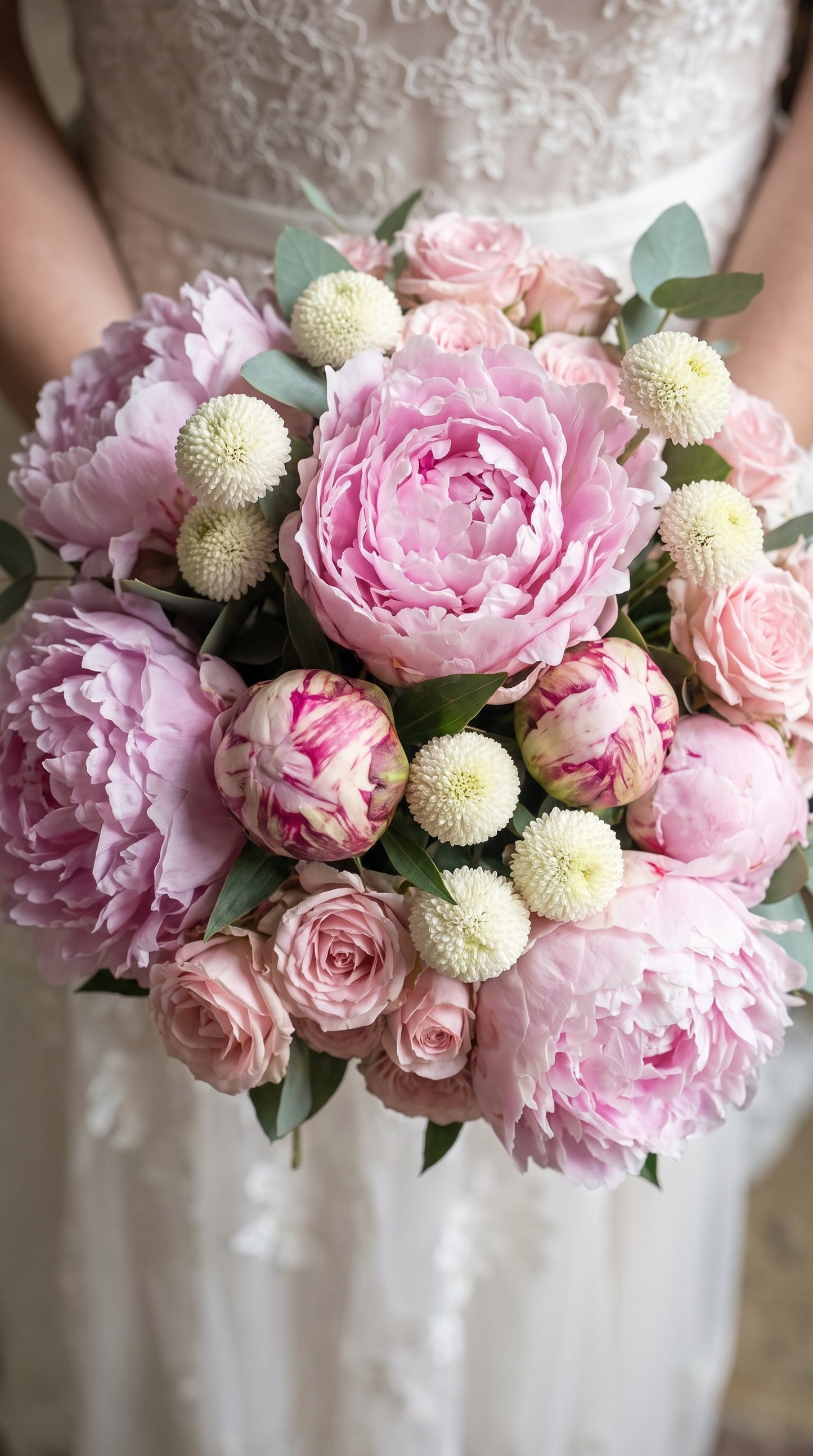 Royal Peony Romance Premium Şakayık,Gül ve Krizantem Gelin Buketi