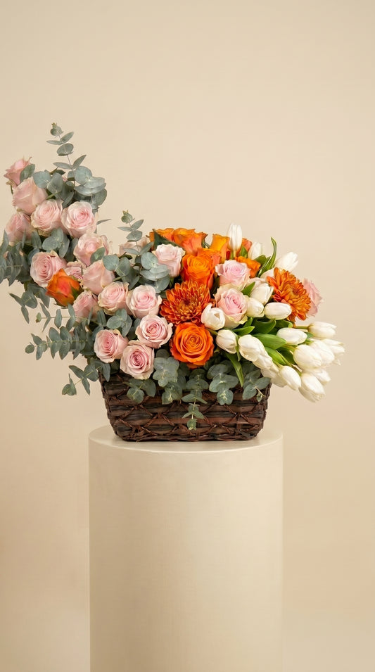 Golden Sunset Deluxe Sepette Premium Gül & Lale & Anastasia Aranjmanı