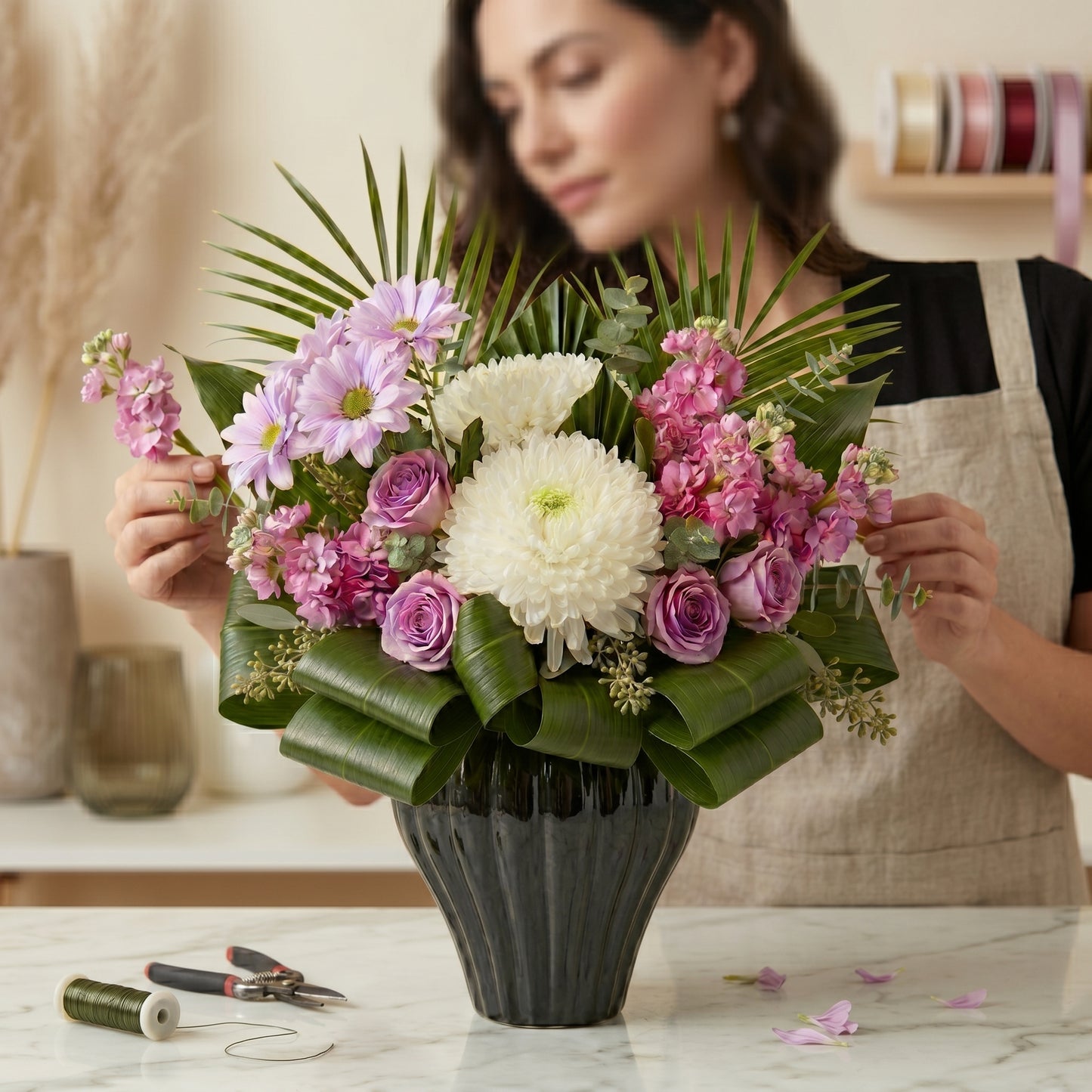 Lila gül & krizantem aranjman bokeh arka planl? portre – Çiçeklendir Ankara ayn? gün