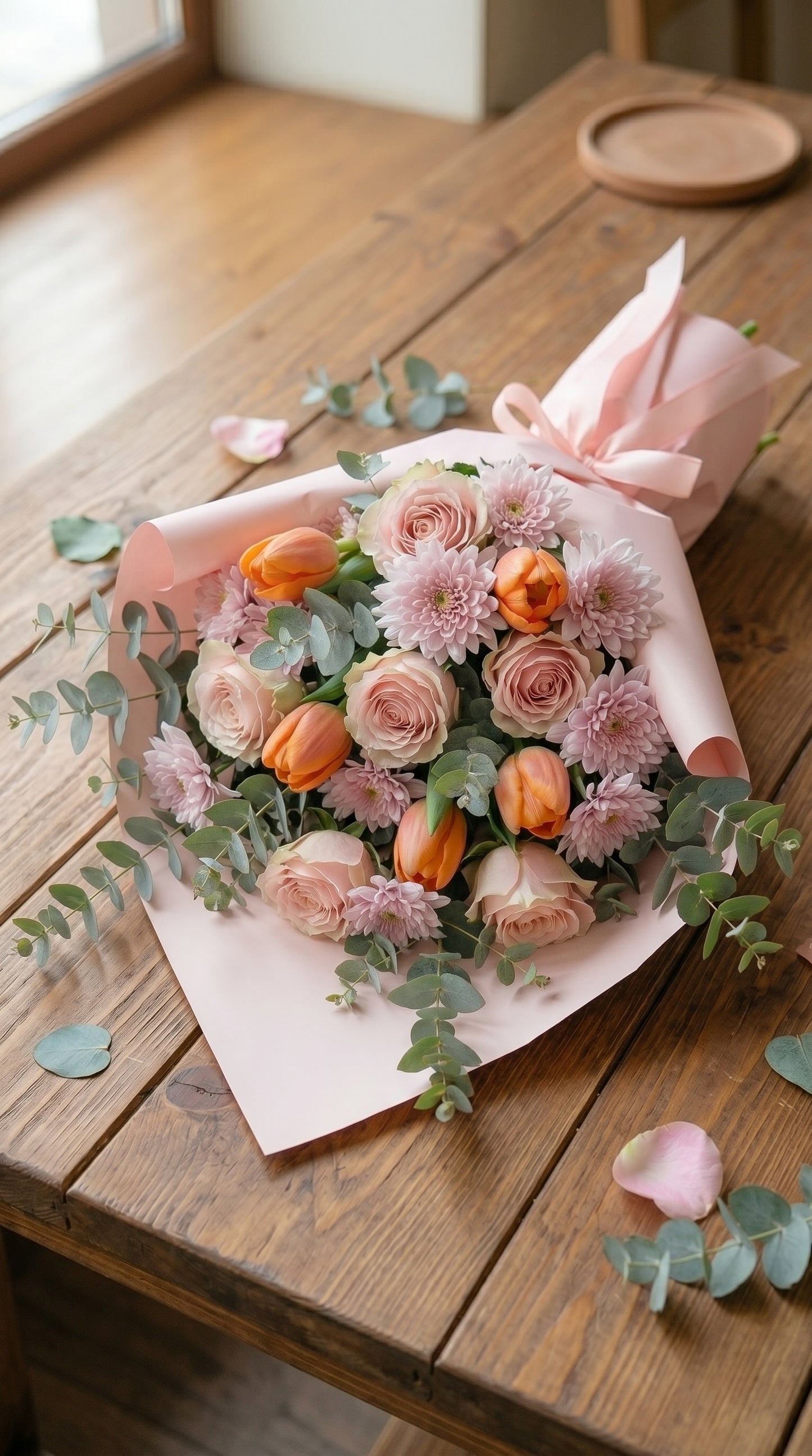 Peach Blush Harmony Gül & Lale & Krizantem Bahar Buketi