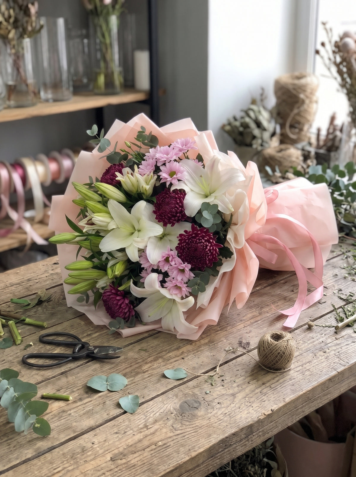 Royal Lily Amethyst – Beyaz Lilyum ve Mor Anastasia Buketi