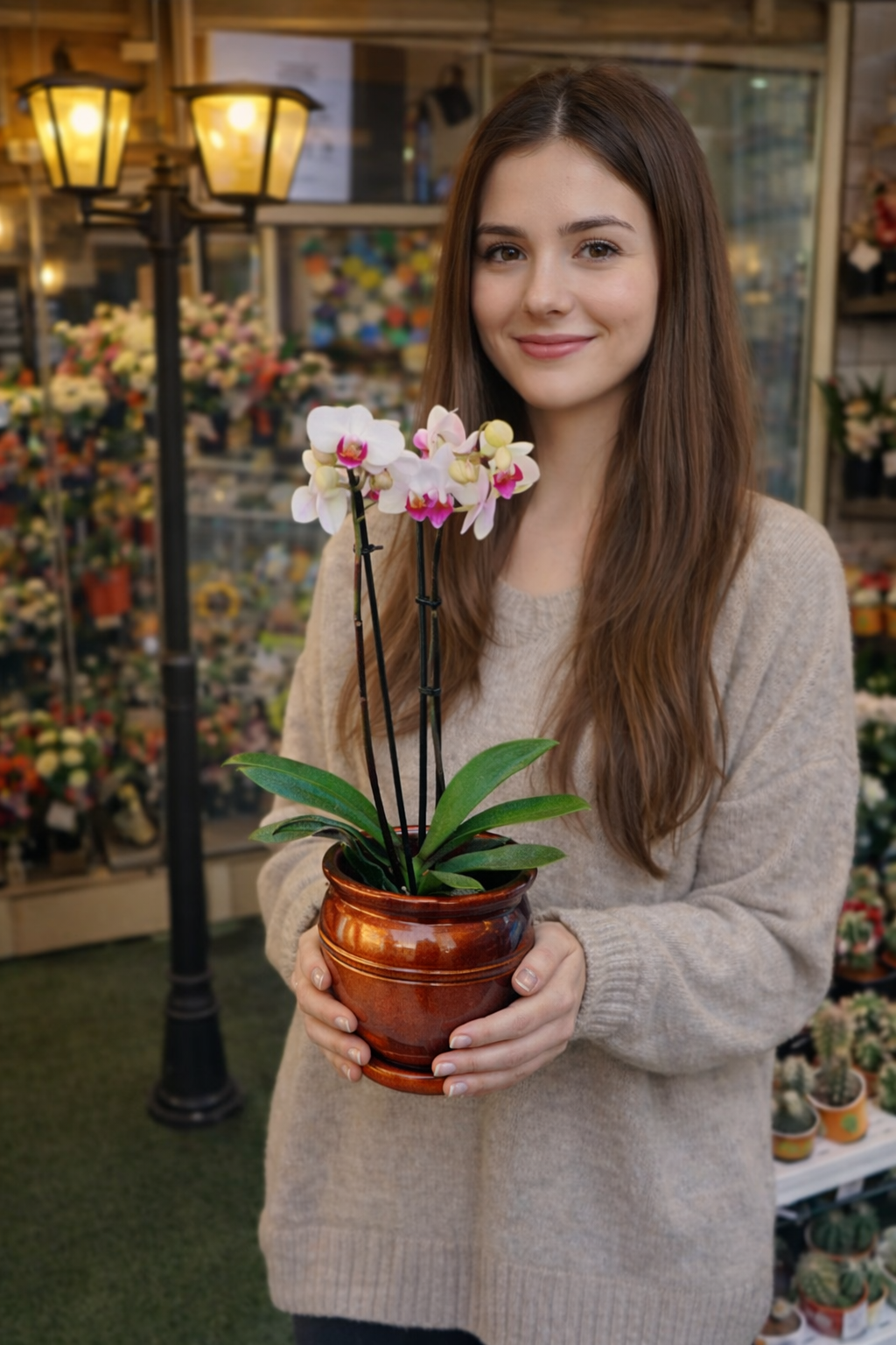 Bakır Küp Saksıda Çift Dallı Midi Orkide