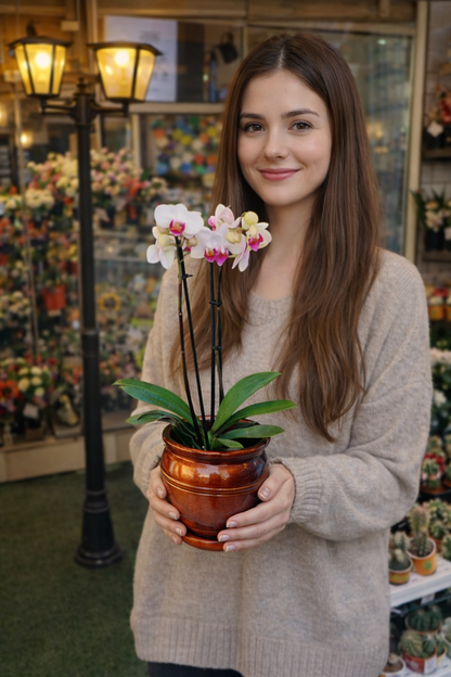 Bakır Küp Saksıda Çift Dallı Midi Orkide