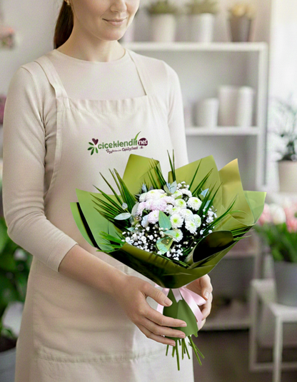 Snowy Blossom  Beyaz Çiçek Kasımpatı Buketi