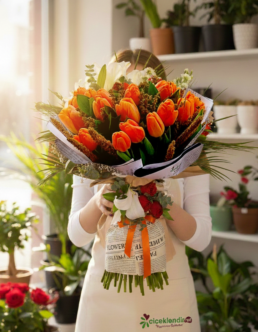 Sunset Tulip Charm Turuncu Lale Buketi