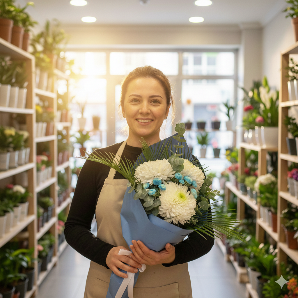 Blue Serenity Bouquet  Beyaz Anastasia & Mavi Dokunuş - Çiçeklendir