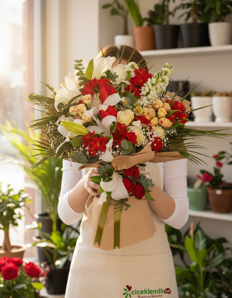 Crimson & Lily Elegance  Kırmızı&Beyaz Buketi