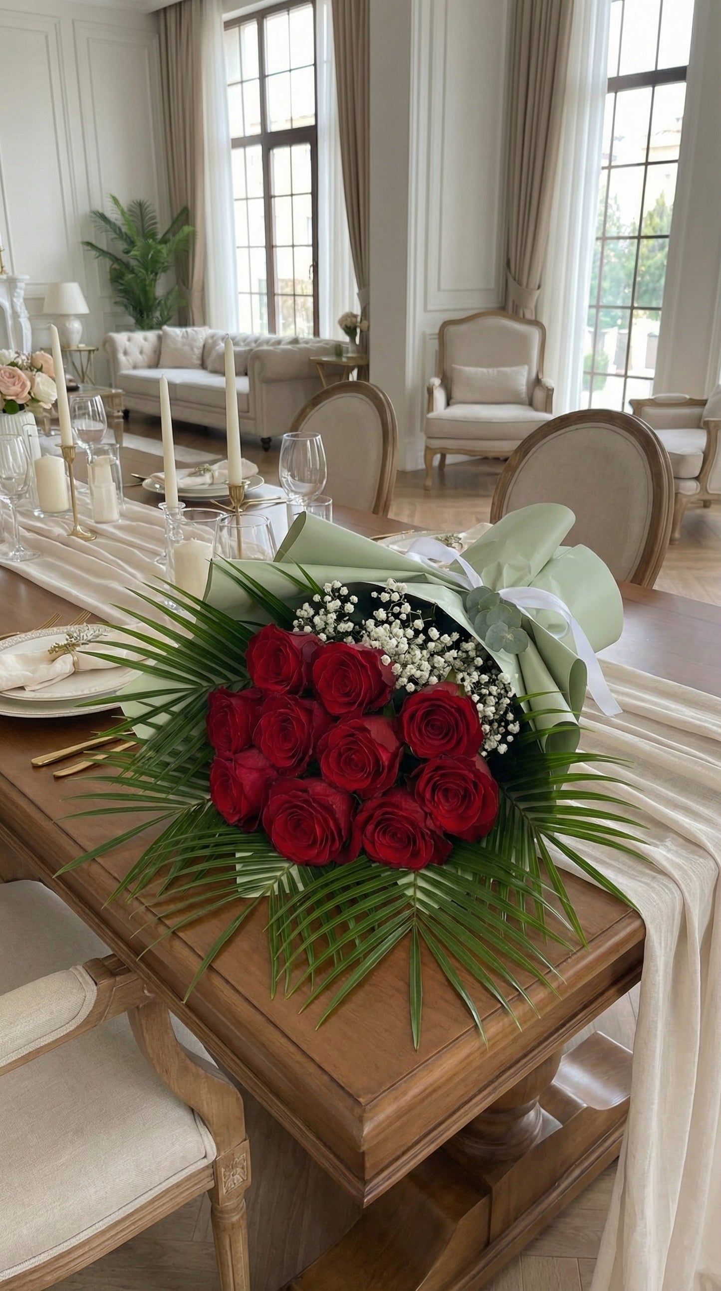 Emerald Red Harmony  Yeşil Dokunuşlu 10 Adet İthal Kırmızı Gül Buketi