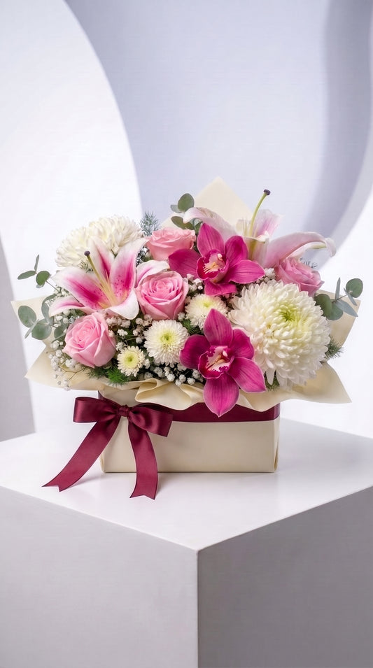 Royal Orchid Blossom Box  Orkide & Lilyum & Krizantem Özel Tasarım Aranjmanı