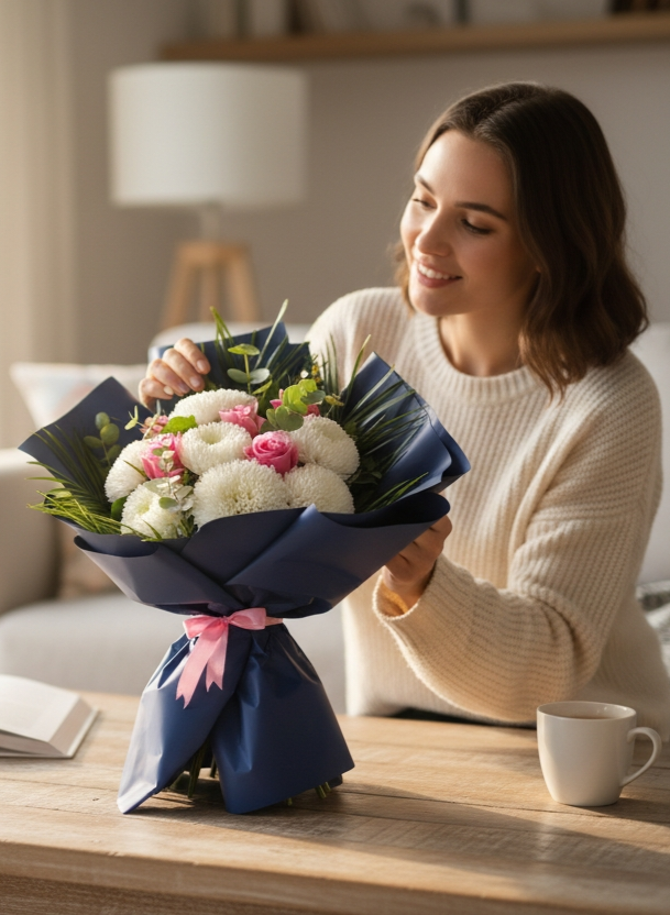 Pembe Gül & Beyaz Anastasia Buketi