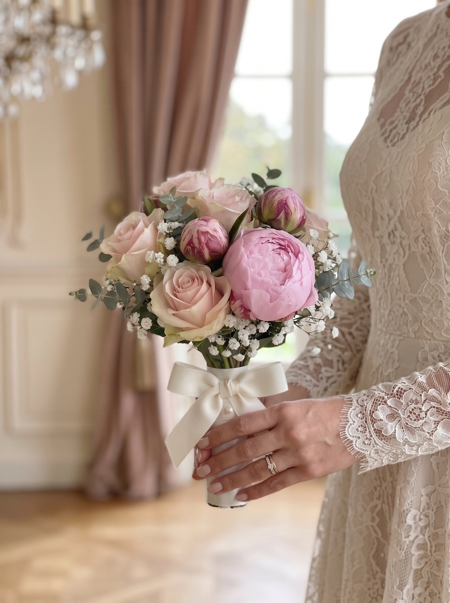 Royal Blush Peony  Premium Şakayık ve Pembe Gül Gelin Buketi
