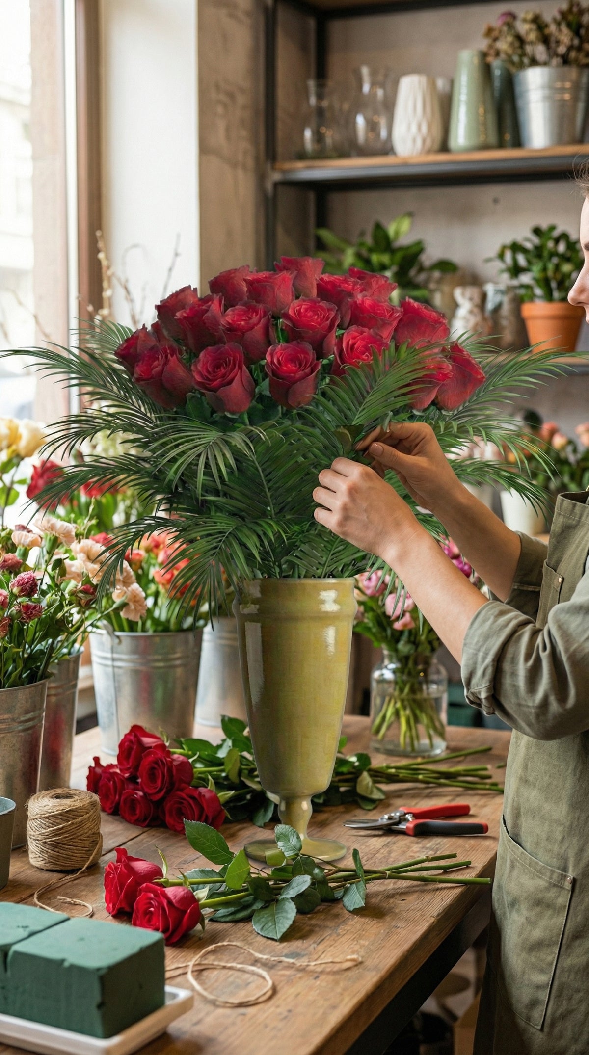 Imperial Palm Roses  Vazoda Asil Kırmızı Güller
