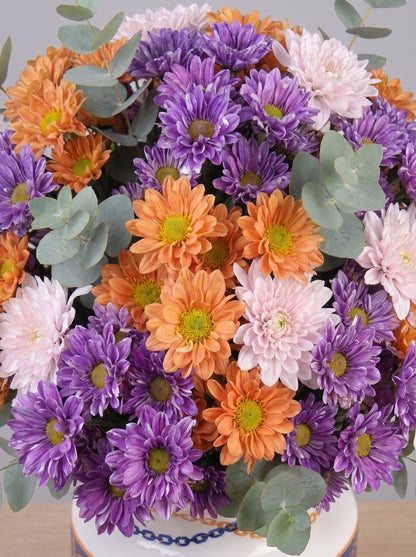 Royal Amethyst Harmony Mor ve Turuncu Krizantem Premium Vazolu Aranjman