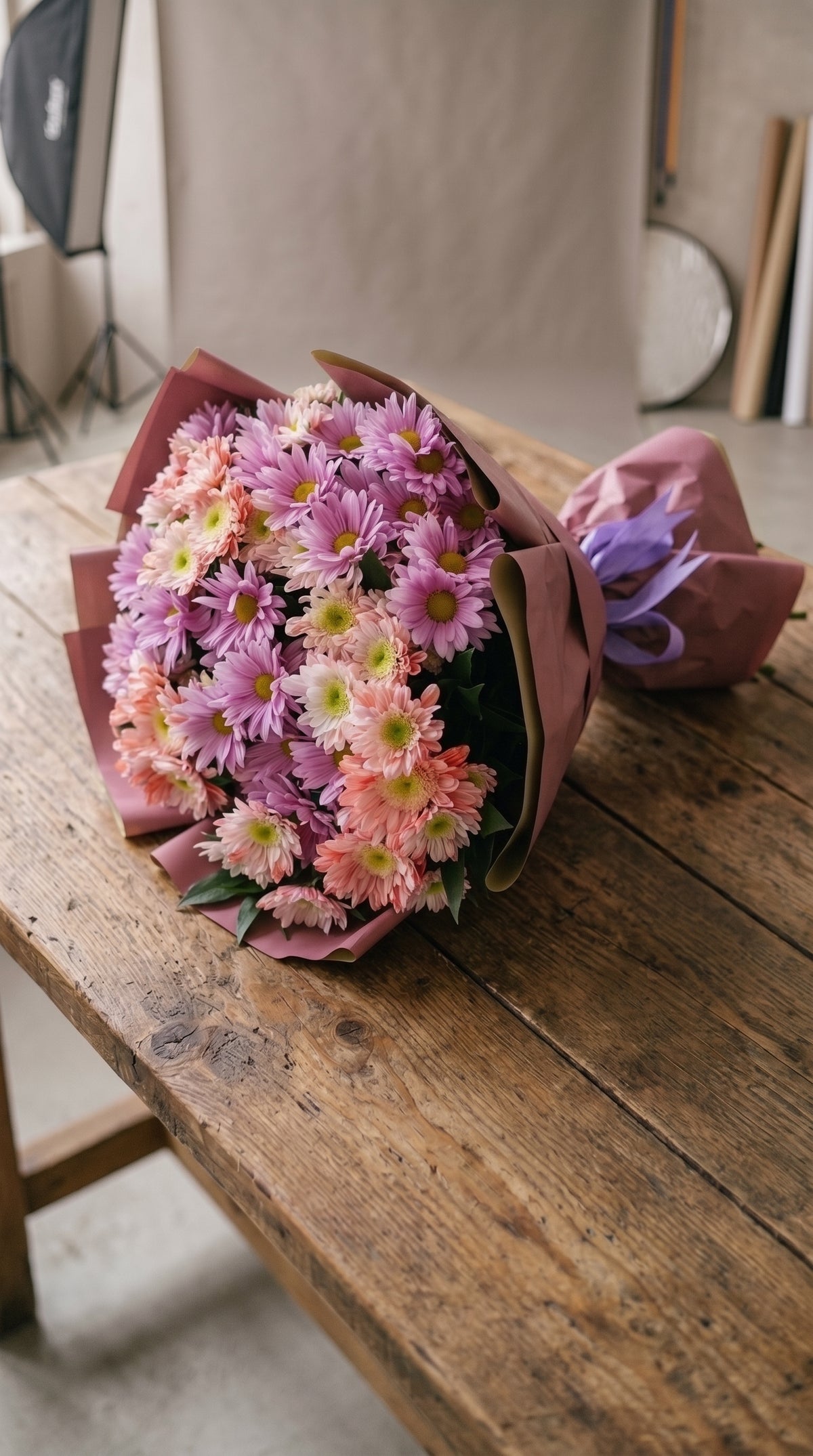 Pink Blossom Harmony  Turuncu ve Lila Krizantem Buketi