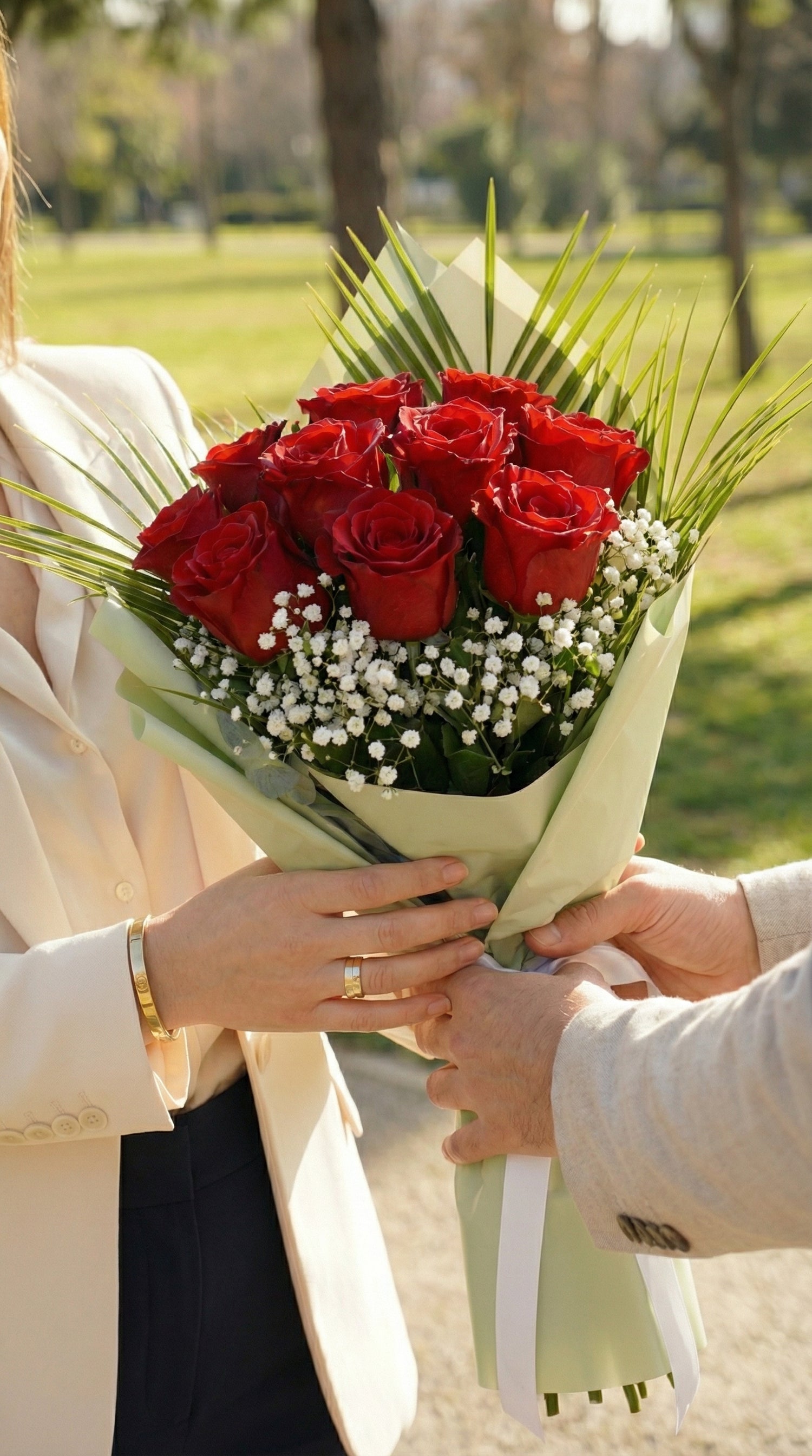 Emerald Red Harmony  Yeşil Dokunuşlu 10 Adet İthal Kırmızı Gül Buketi