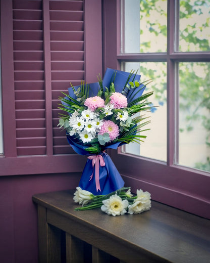 Blue Pastel Daisy & Chrysanthemum Bouquet