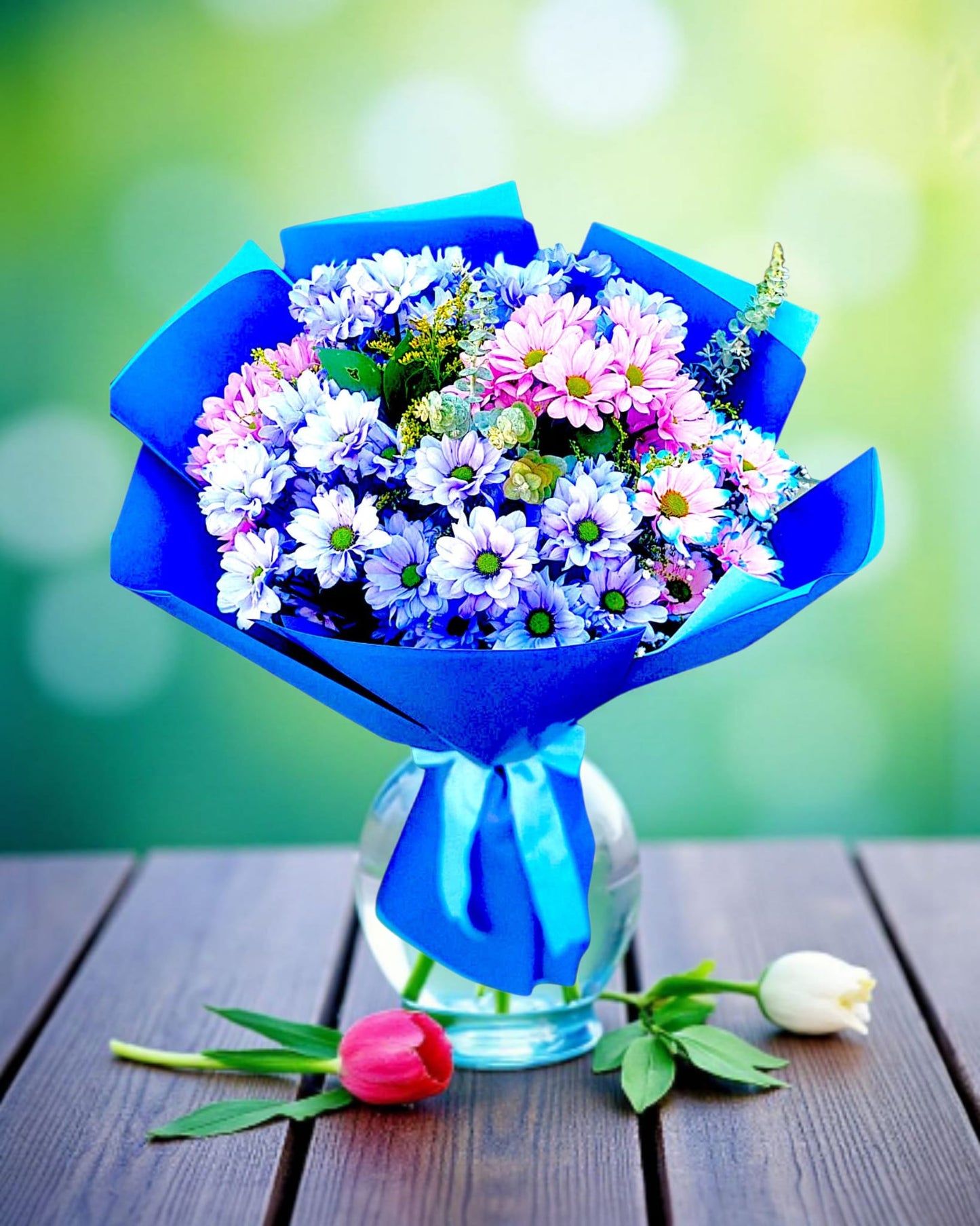 Blue Harmony Mavi ve Pembe Krizantem Buketi - Çiçeklendir