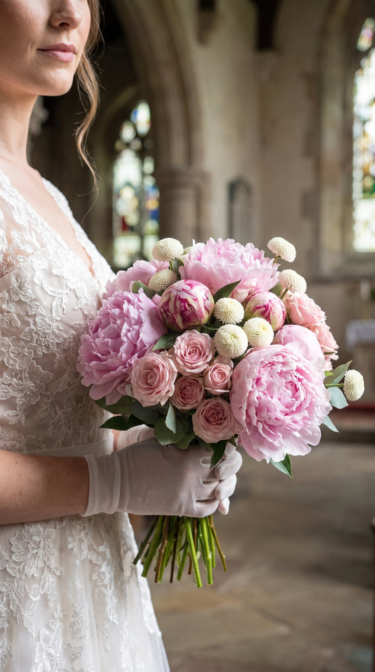 Royal Peony Romance  Premium Şakayık,Gül ve Krizantem Gelin Buketi