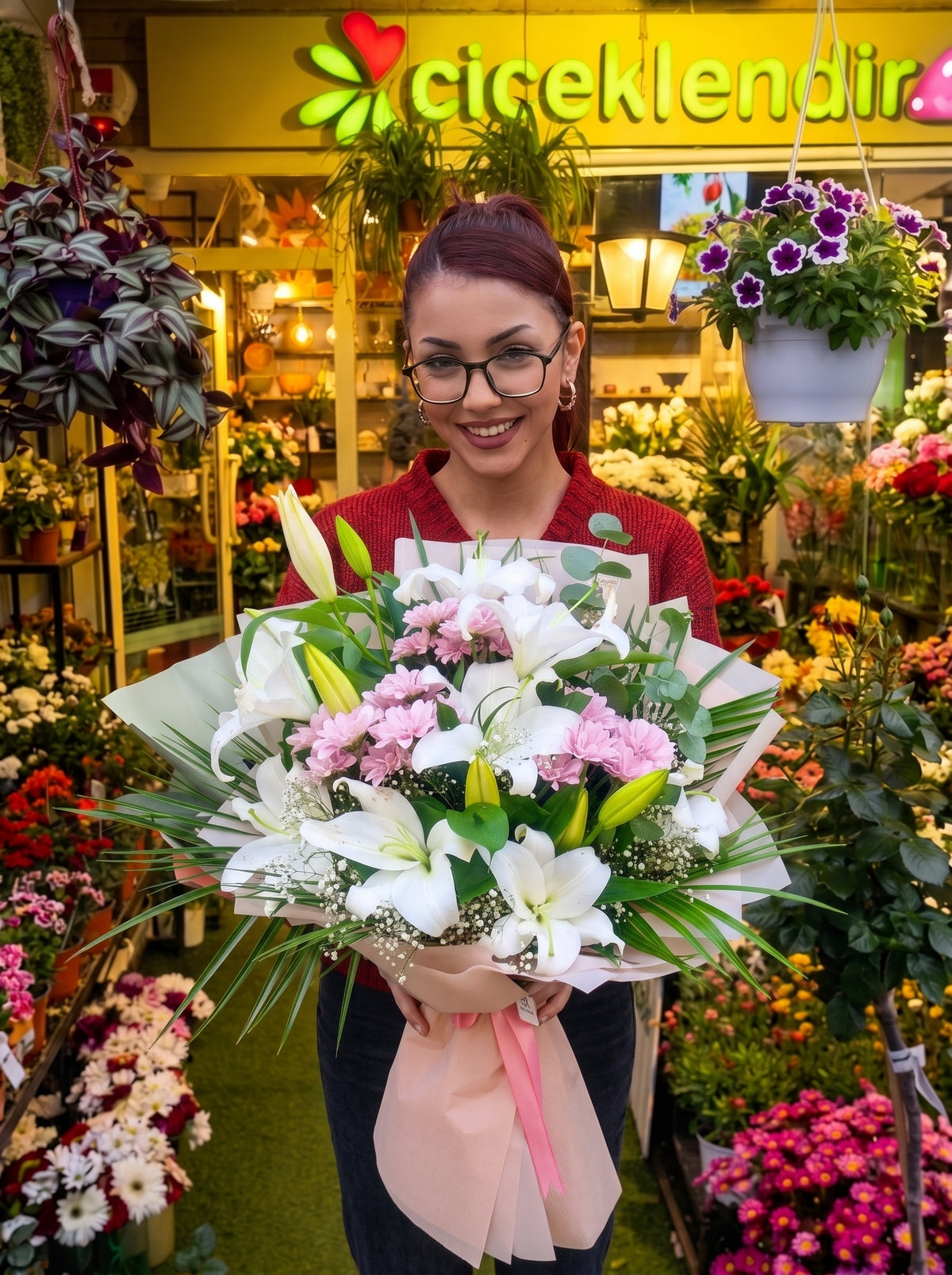White Blossom Majesty  Lilyum ve Krizantem Buketi