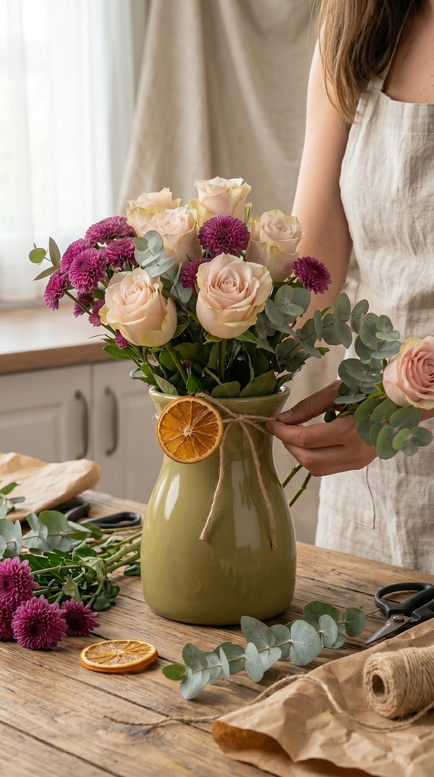 Velvet Bloom Elegance  Vazoda Gül & Krizantem Doğal Zarafet Aranjmanı