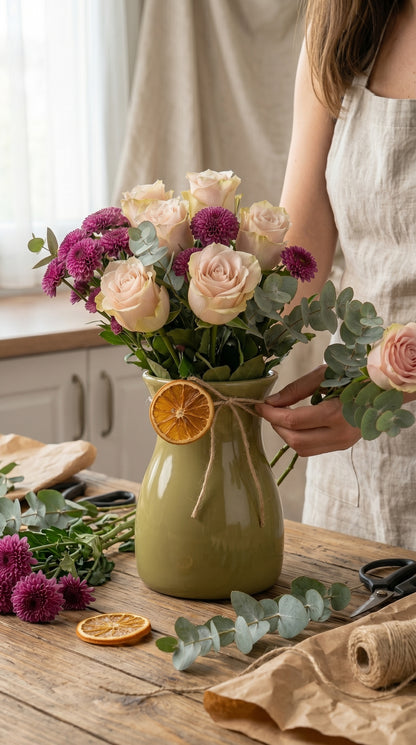 Velvet Bloom Elegance  Vazoda Gül & Krizantem Doğal Zarafet Aranjmanı