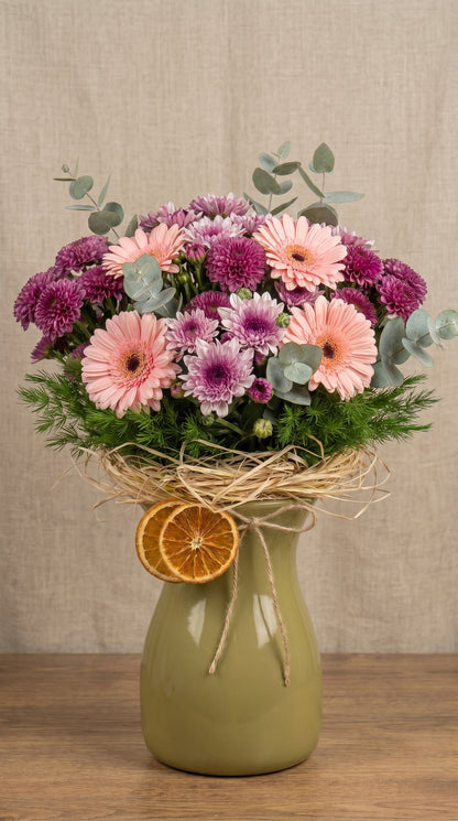 Peach Garden Harmony | Gerbera ve Krizantem | Vazolu Aranjman