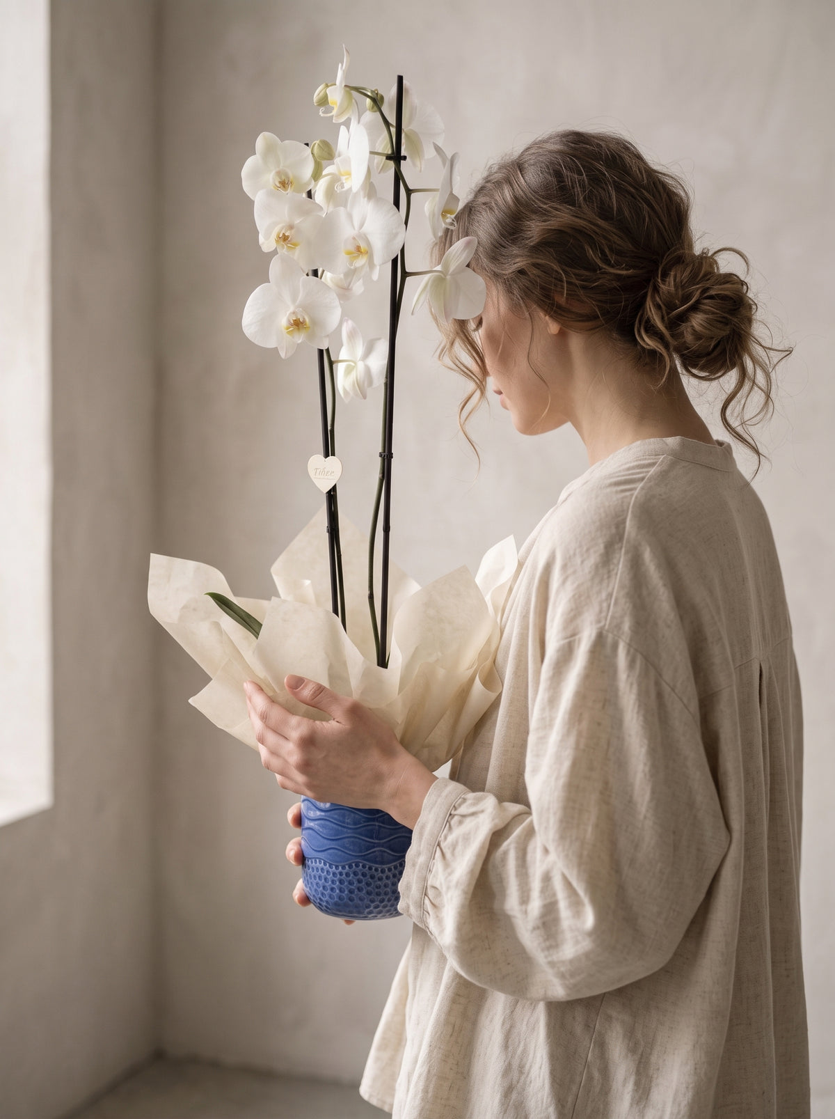 Royal Snow Orchid Mavi Seramik Vazoda Çift Dallı Beyaz Phalaenopsis Orkide – zarif hediye paketi, Çiçeklendir Ankara
