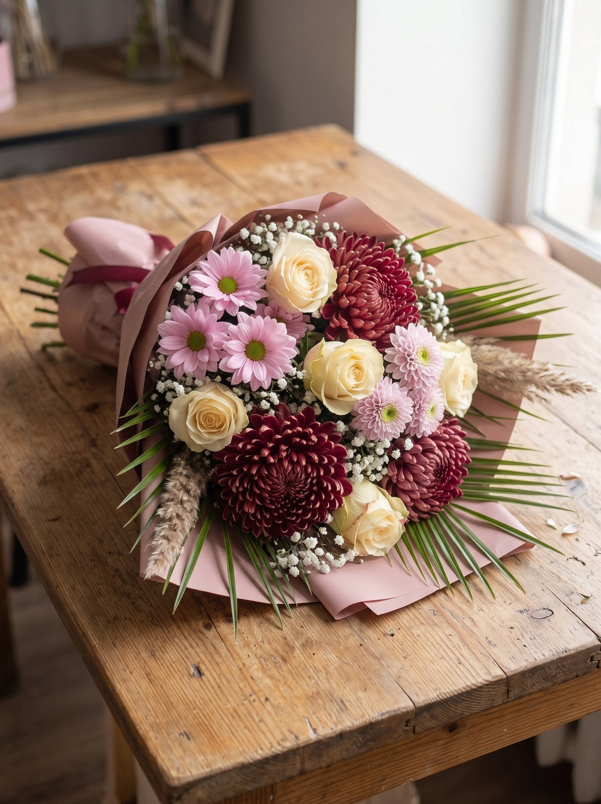 Burgundy Blush Harmony  Anastasia, Beyaz Gül ve Pembe Krizantem Buketi