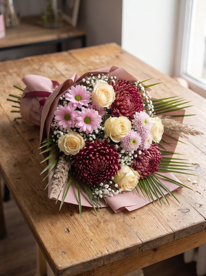 Burgundy Blush Harmony  Anastasia, Beyaz Gül ve Pembe Krizantem Buketi