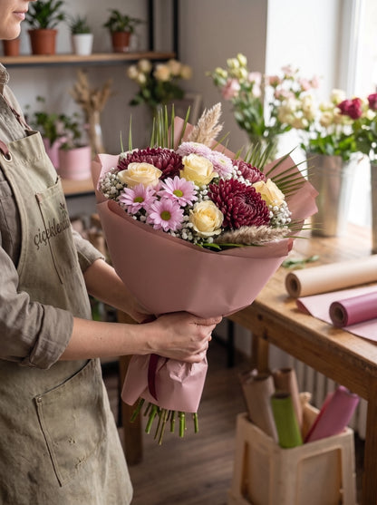 Burgundy Blush Harmony  Anastasia, Beyaz Gül ve Pembe Krizantem Buketi