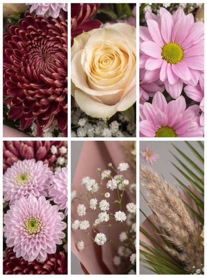 Burgundy Blush Harmony  Anastasia, Beyaz Gül ve Pembe Krizantem Buketi