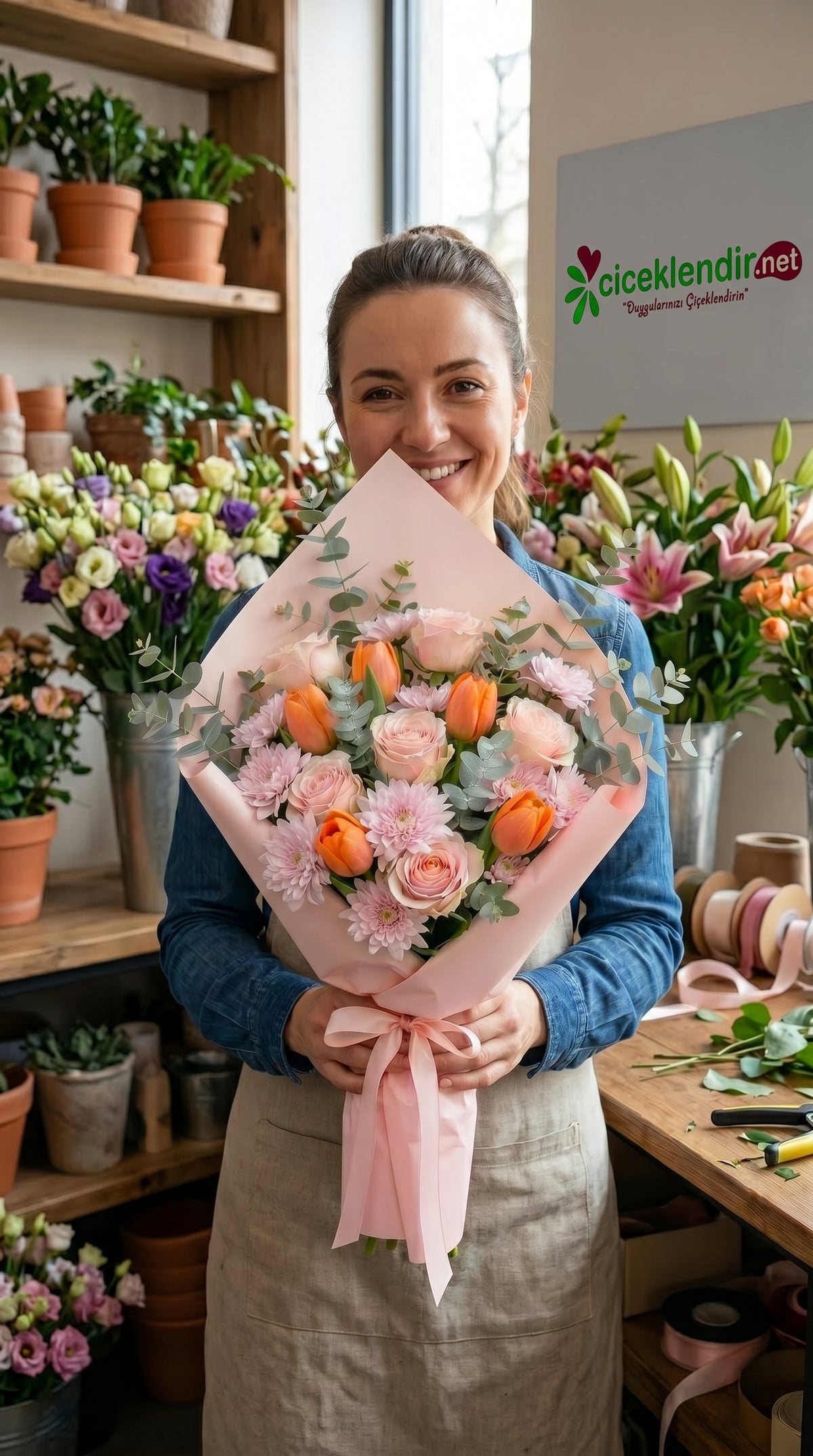 Peach Blush Harmony  Gül & Lale & Krizantem Bahar Buketi