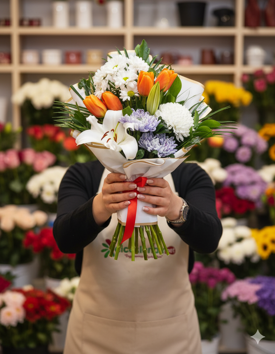 Sunrise Harmony  Turuncu Laleli ve Beyaz Lilyumlu Canlı Buket
